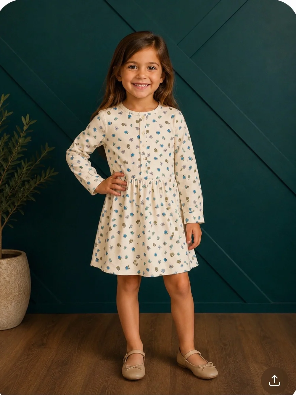 Tea Floral Long Sleeve Dress Size 5 Cream Blue Button Front Twirl Cottagecore